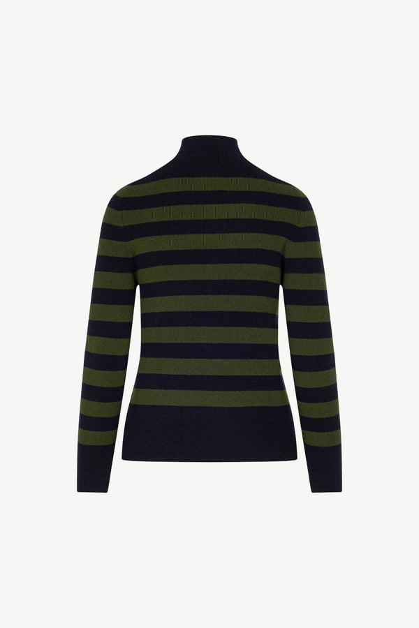 Midnight Blue-Dark Green Pure Cashmere Striped Ribbed Mock Neck