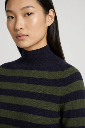 Midnight Blue-Dark Green Pure Cashmere Striped Ribbed Mock Neck