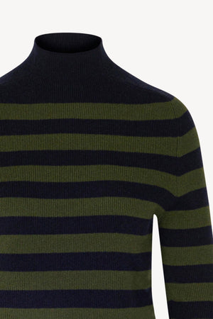 Midnight Blue-Dark Green Pure Cashmere Striped Ribbed Mock Neck