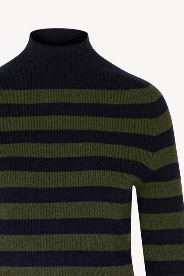 Midnight Blue-Dark Green Pure Cashmere Striped Ribbed Mock Neck
