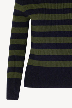 Midnight Blue-Dark Green Pure Cashmere Striped Ribbed Mock Neck