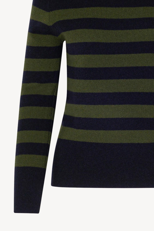 Midnight Blue-Dark Green Pure Cashmere Striped Ribbed Mock Neck