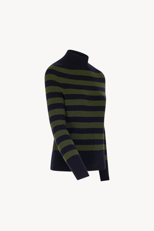 Midnight Blue-Dark Green Pure Cashmere Striped Ribbed Mock Neck
