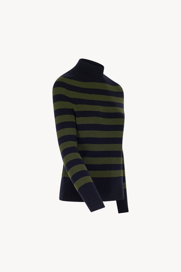 Midnight Blue-Dark Green Pure Cashmere Striped Ribbed Mock Neck