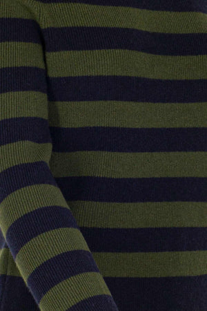 Midnight Blue-Dark Green Pure Cashmere Striped Ribbed Mock Neck