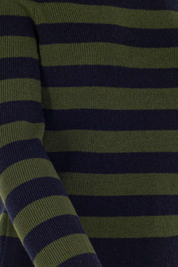 Midnight Blue-Dark Green Pure Cashmere Striped Ribbed Mock Neck