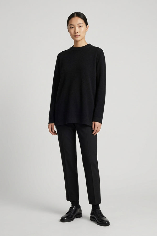 Black Pure Cashmere Crew Neck Sweater with side Slits