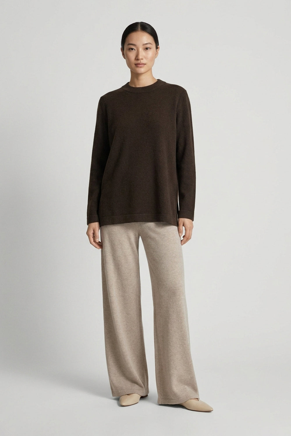 Mocha Pure Cashmere Crew Neck Sweater with side Slits