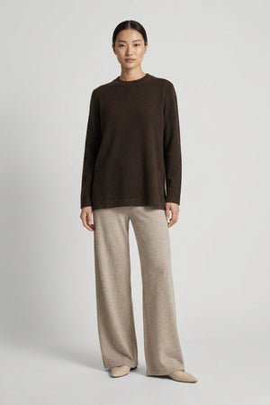 Mocha Pure Cashmere Crew Neck Sweater with side Slits
