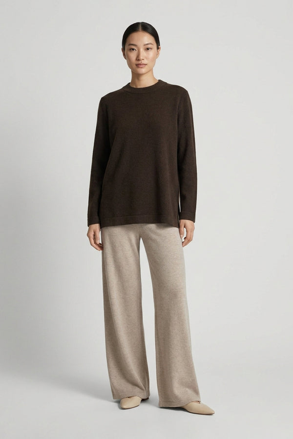Mocha Pure Cashmere Crew Neck Sweater with side Slits