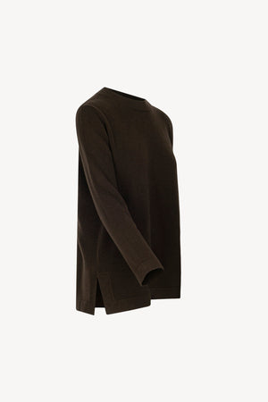 Mocha Pure Cashmere Crew Neck Sweater with side Slits