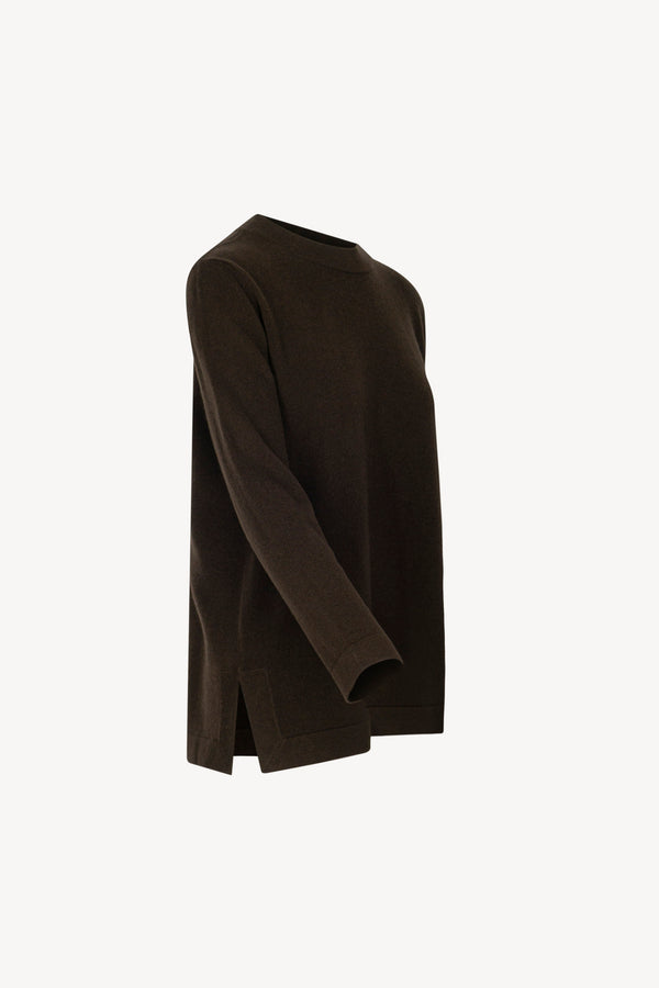 Mocha Pure Cashmere Crew Neck Sweater with side Slits