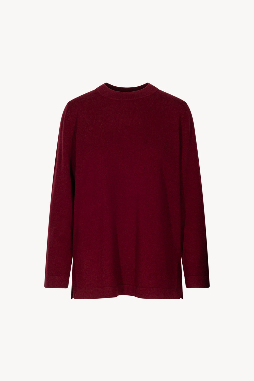 Dark Red Pure Cashmere Crew Neck Sweater with side Slits