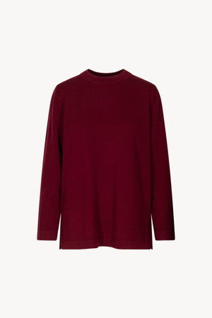 Dark Red Pure Cashmere Crew Neck Sweater with side Slits