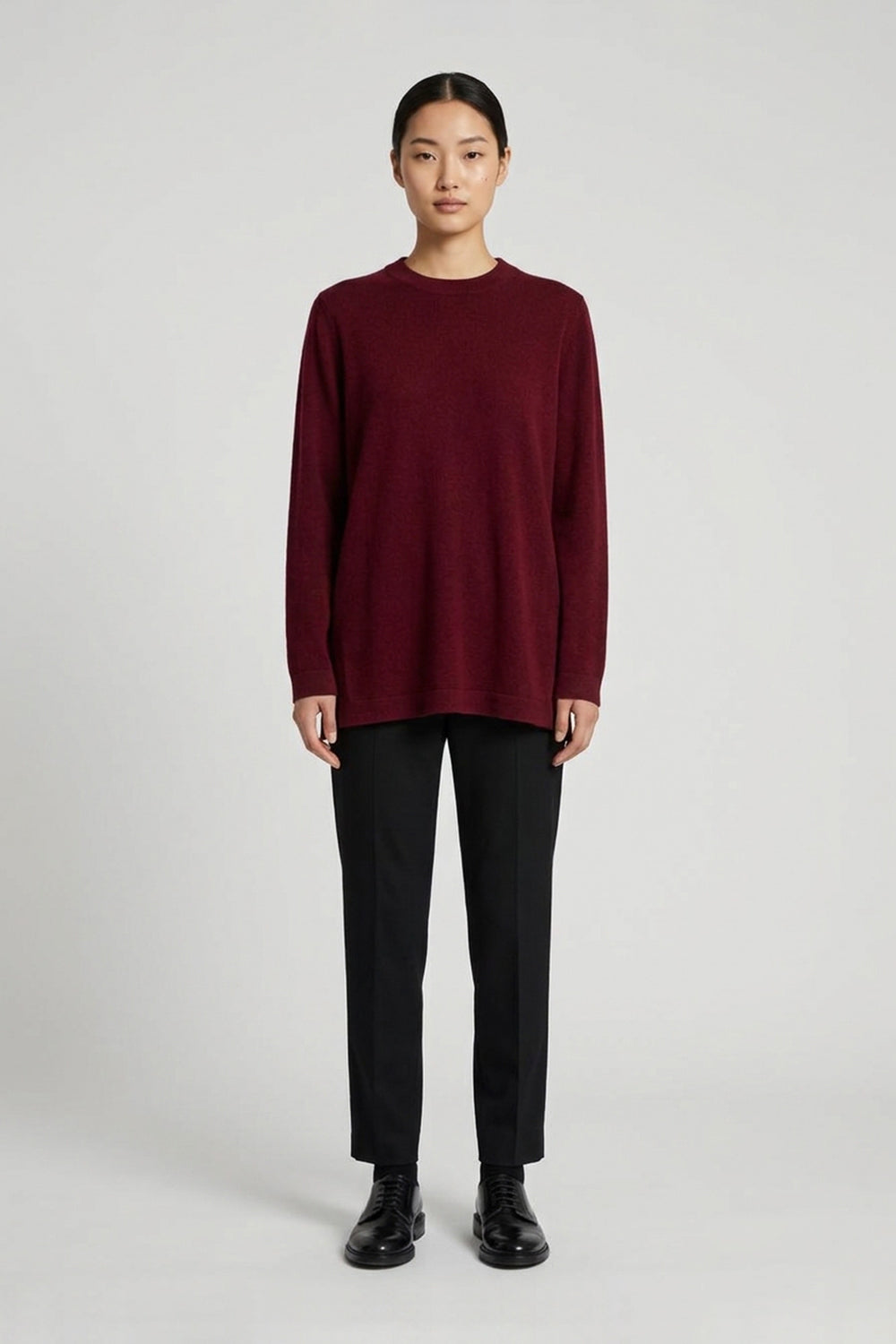 Dark Red Pure Cashmere Crew Neck Sweater with side Slits