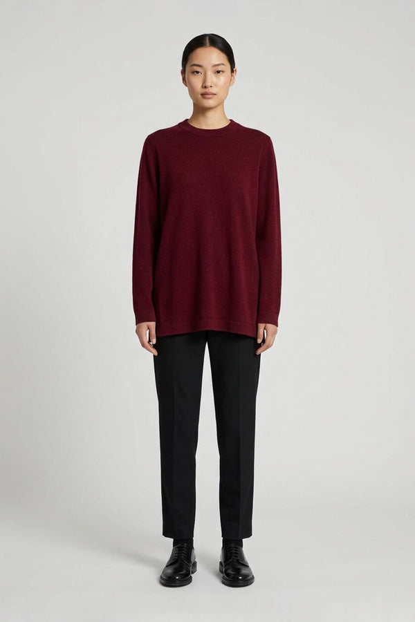 Dark Red Pure Cashmere Crew Neck Sweater with side Slits