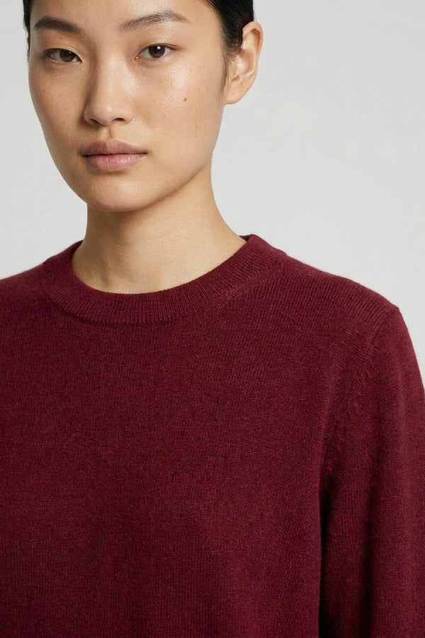Dark Red Pure Cashmere Crew Neck Sweater with side Slits