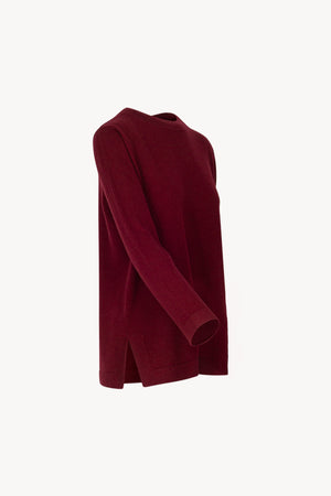 Dark Red Pure Cashmere Crew Neck Sweater with side Slits