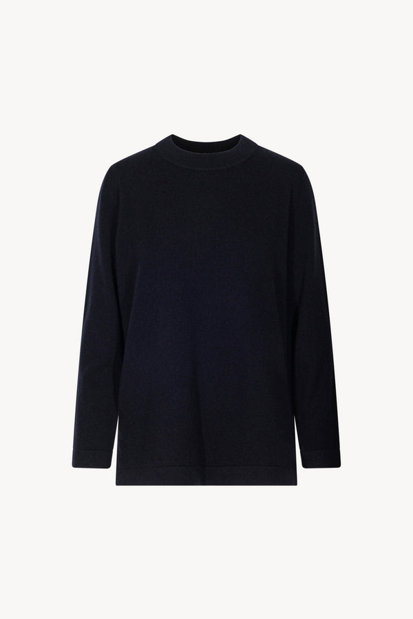 Midnight Blue Pure Cashmere Crew Neck Sweater with side Slits