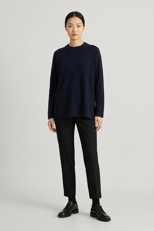 Midnight Blue Pure Cashmere Crew Neck Sweater with side Slits