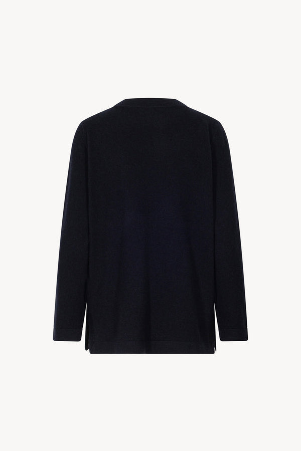 Midnight Blue Pure Cashmere Crew Neck Sweater with side Slits