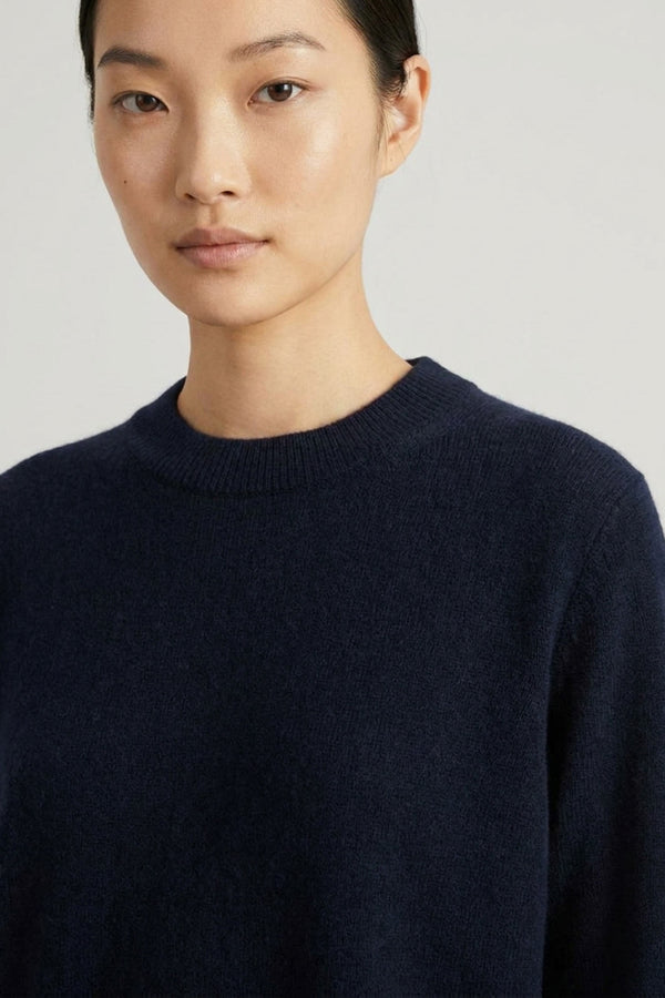 Midnight Blue Pure Cashmere Crew Neck Sweater with side Slits