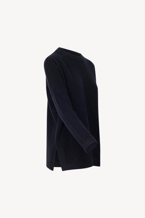 Midnight Blue Pure Cashmere Crew Neck Sweater with side Slits