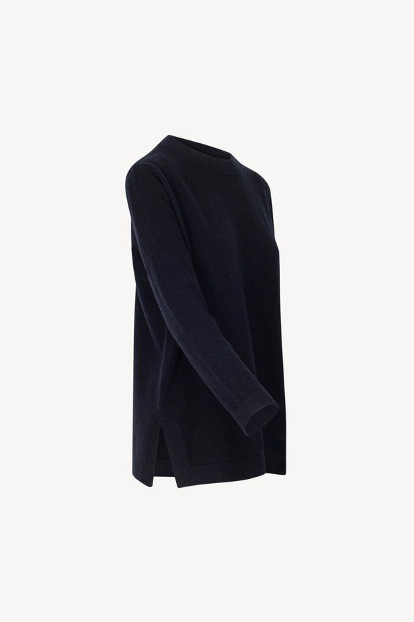 Midnight Blue Pure Cashmere Crew Neck Sweater with side Slits