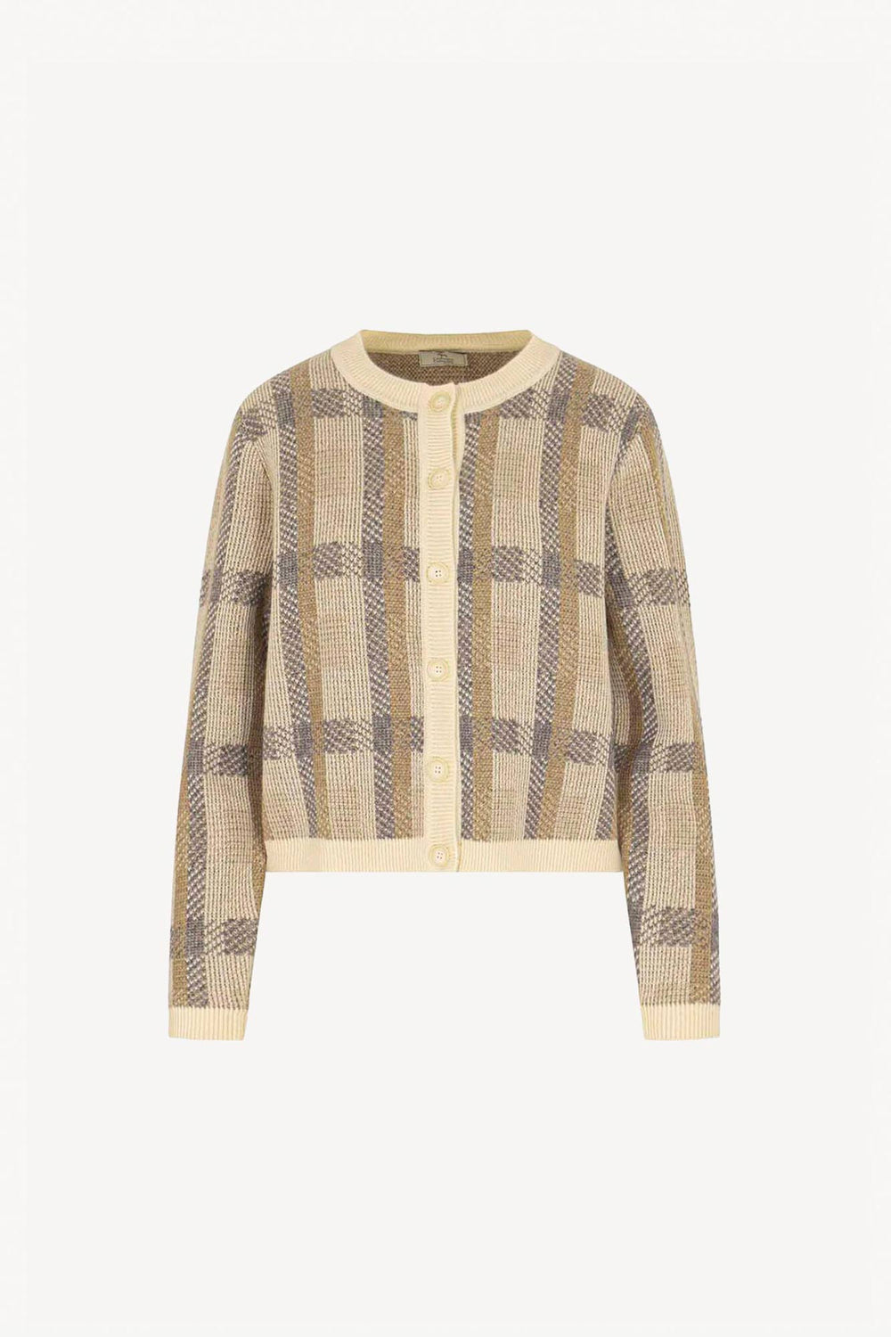 Ivory-Dune Pure Cashmere Checked Crew Neck Cardigan