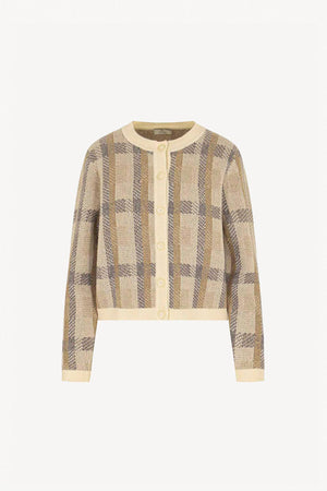 Ivory-Dune Pure Cashmere Checked Crew Neck Cardigan