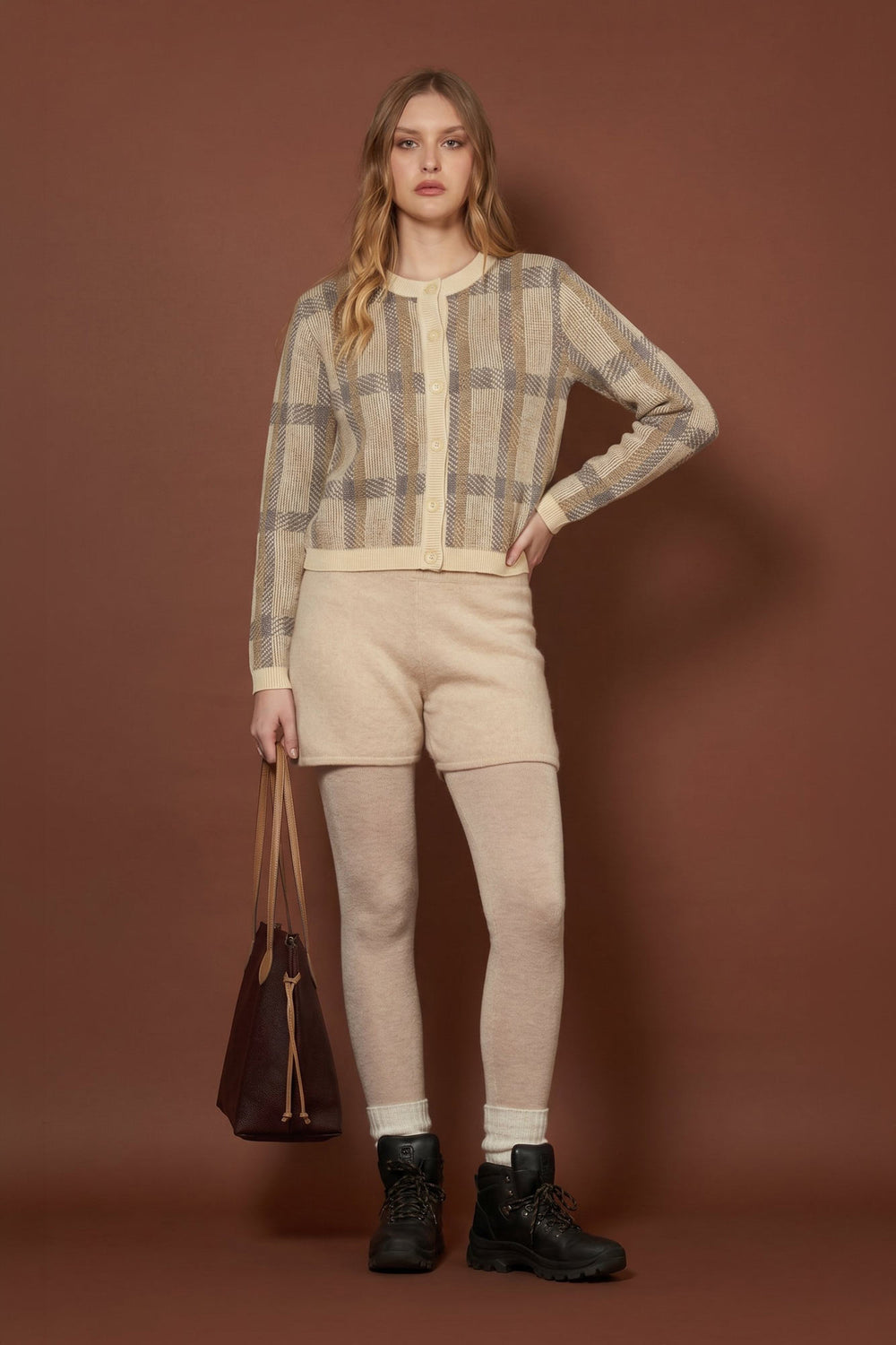 Ivory-Dune Pure Cashmere Checked Crew Neck Cardigan