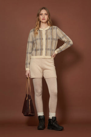 Ivory-Dune Pure Cashmere Checked Crew Neck Cardigan