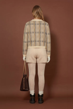 Ivory-Dune Pure Cashmere Checked Crew Neck Cardigan