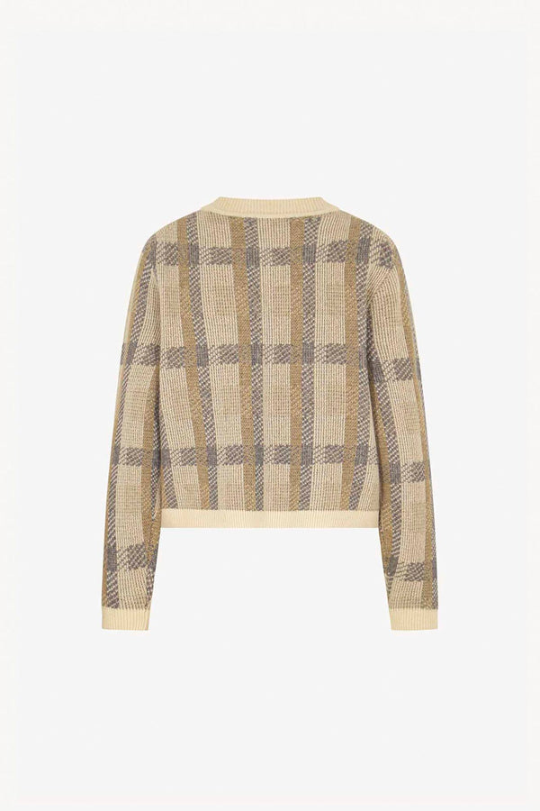Ivory-Dune Pure Cashmere Checked Crew Neck Cardigan