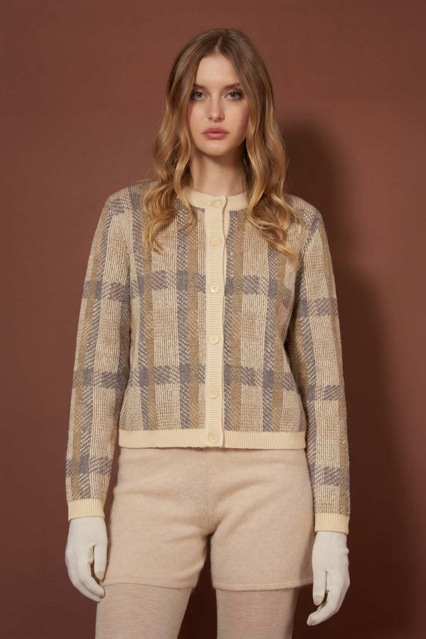 Ivory-Dune Pure Cashmere Checked Crew Neck Cardigan