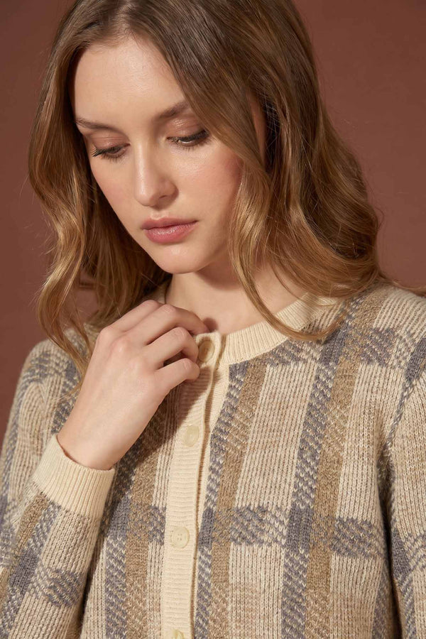 Ivory-Dune Pure Cashmere Checked Crew Neck Cardigan