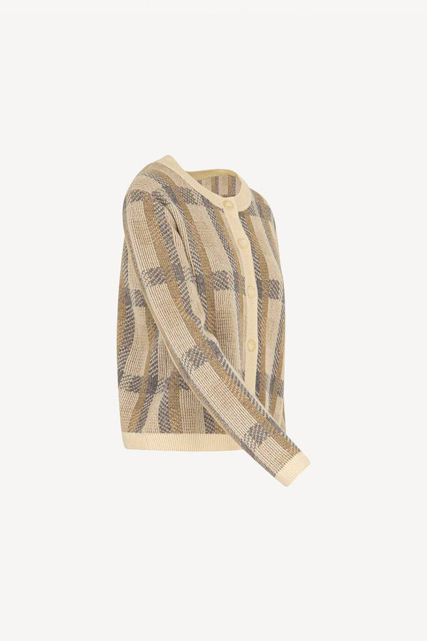 Ivory-Dune Pure Cashmere Checked Crew Neck Cardigan