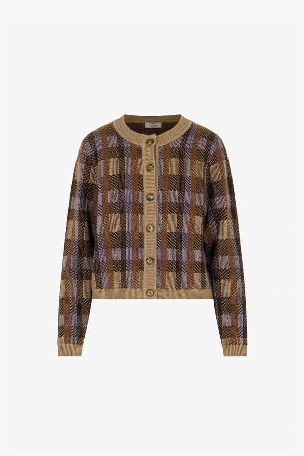 Mocha-Dune Pure Cashmere Checked Crew Neck Cardigan