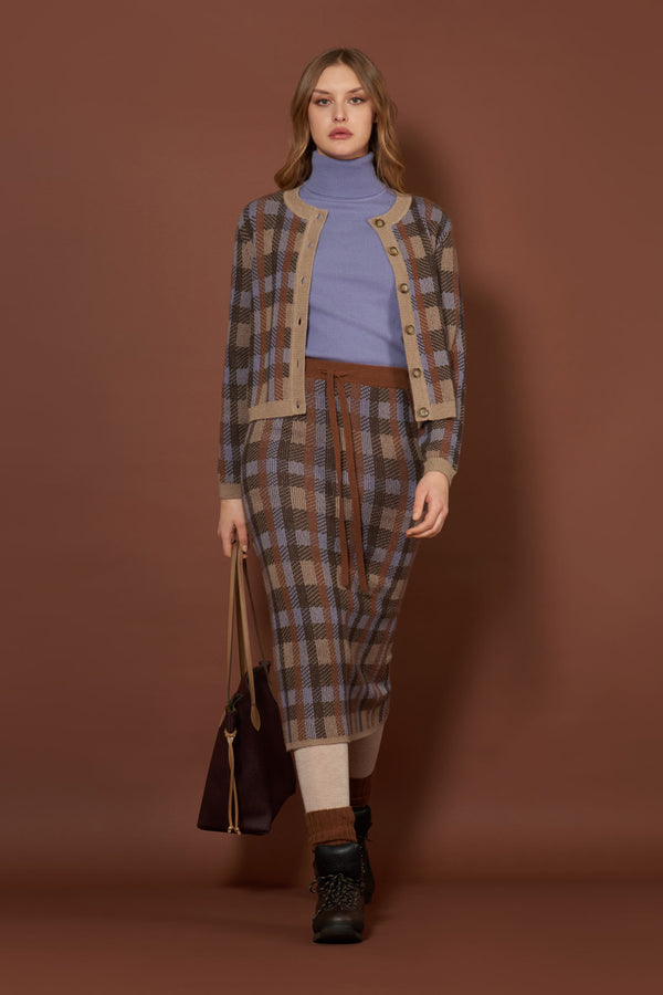Mocha-Dune Pure Cashmere Checked Crew Neck Cardigan