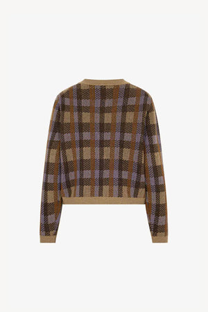 Mocha-Dune Pure Cashmere Checked Crew Neck Cardigan