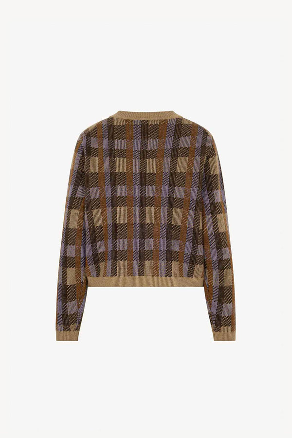 Mocha-Dune Pure Cashmere Checked Crew Neck Cardigan