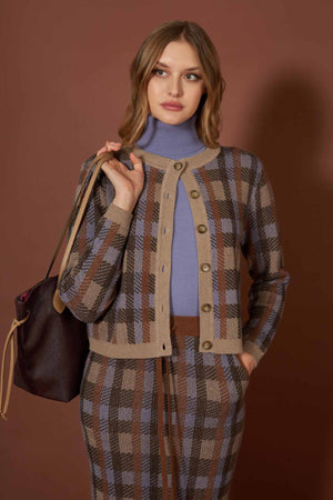 Mocha-Dune Pure Cashmere Checked Crew Neck Cardigan