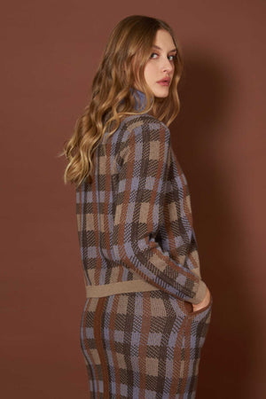 Mocha-Dune Pure Cashmere Checked Crew Neck Cardigan