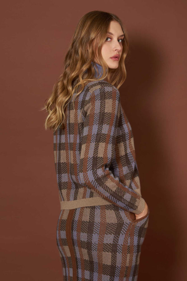 Mocha-Dune Pure Cashmere Checked Crew Neck Cardigan