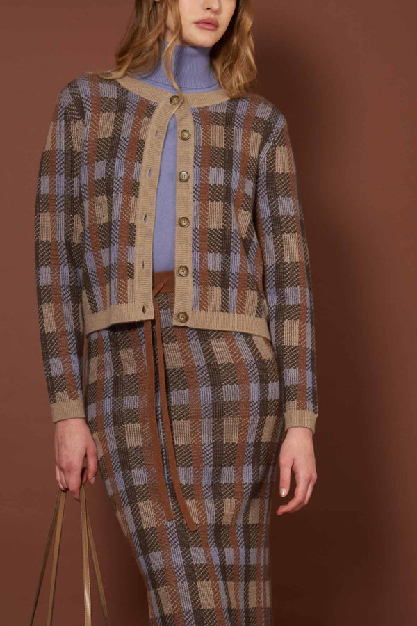 Mocha-Dune Pure Cashmere Checked Crew Neck Cardigan