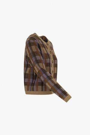 Mocha-Dune Pure Cashmere Checked Crew Neck Cardigan