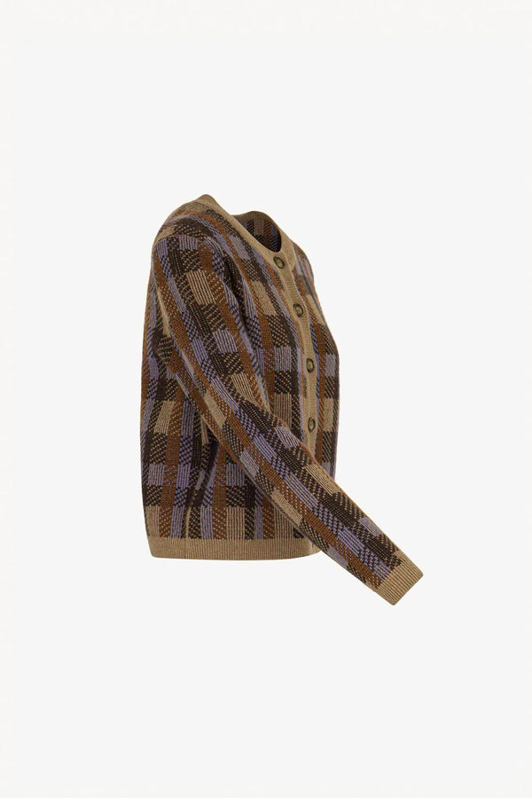 Mocha-Dune Pure Cashmere Checked Crew Neck Cardigan
