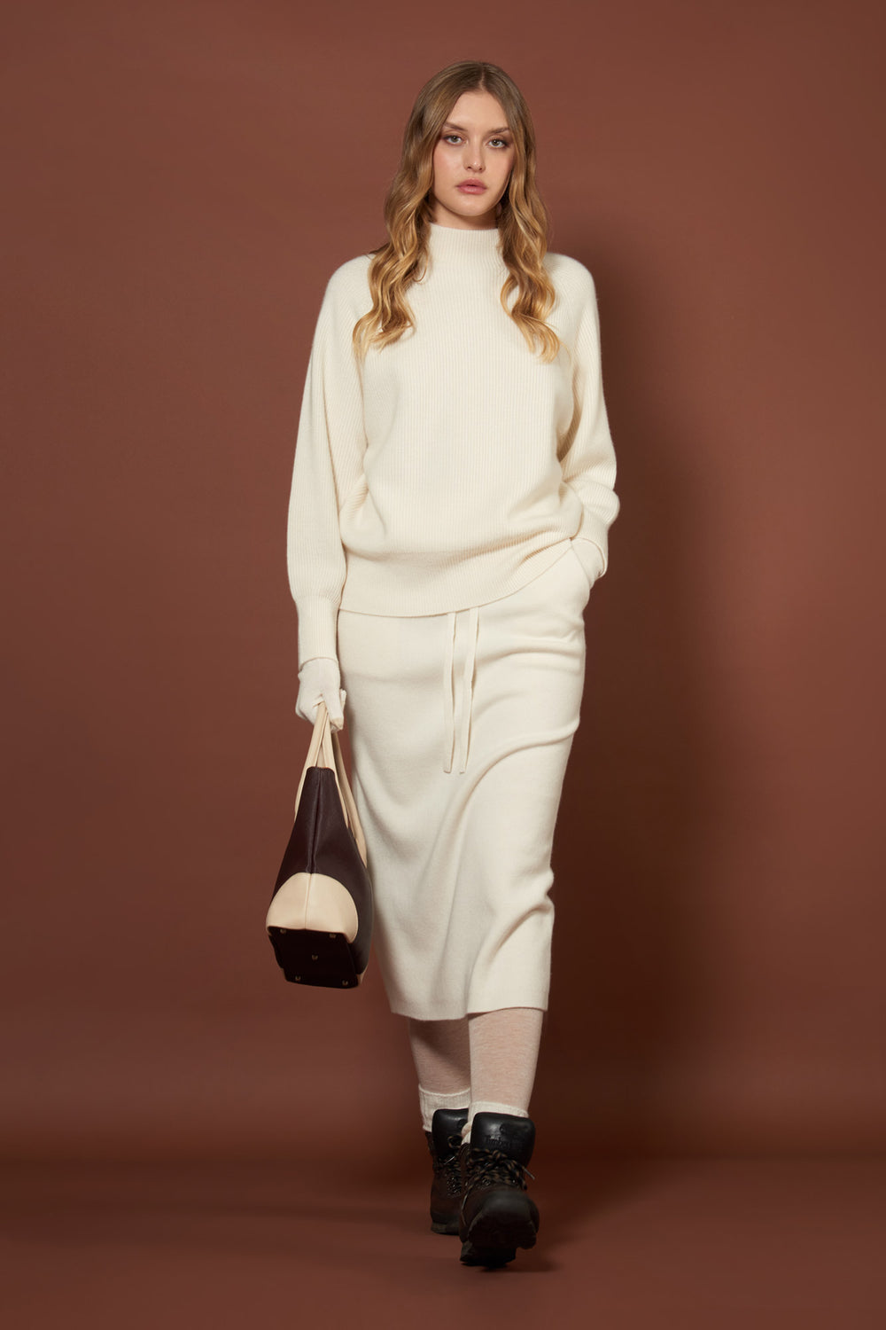 Ivory Pure Cashmere Long Skirt in Milano Stitch