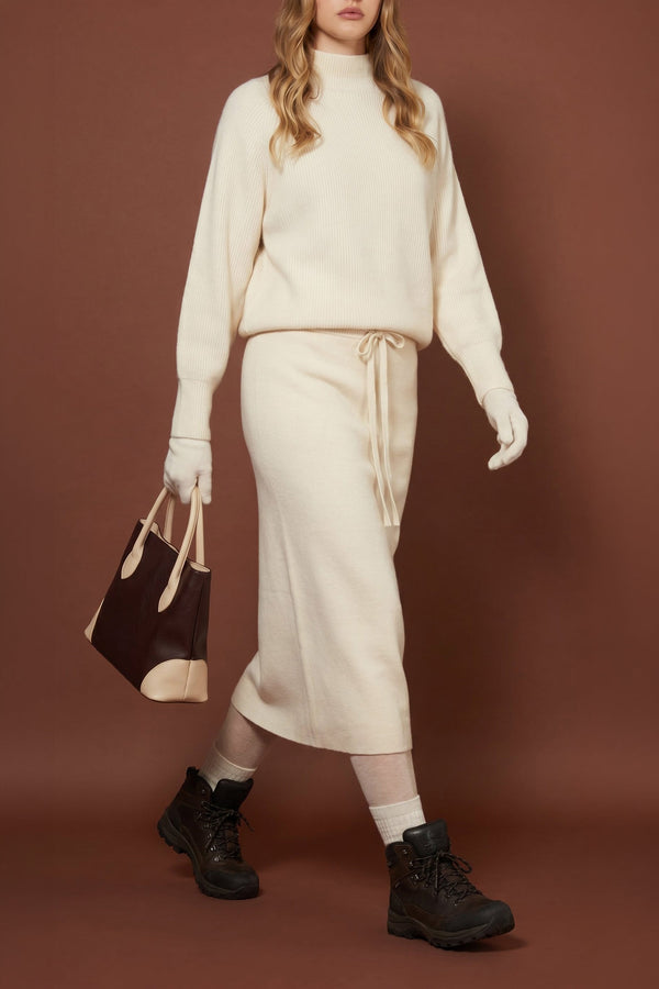 Ivory Pure Cashmere Long Skirt in Milano Stitch
