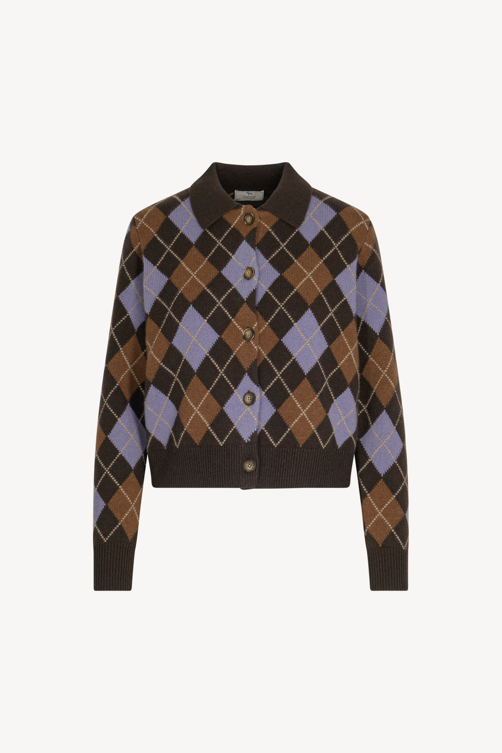 Mocha Pure Cashmere Shirt-collar Cardigan with Diamond Pattern